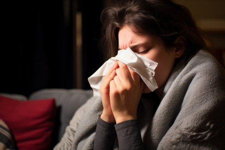 a woman is blowing her nose while sitting on a couchの素材