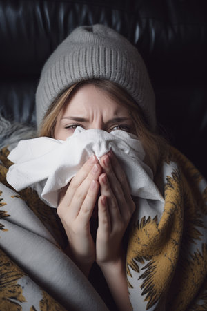 a woman is blowing her nose while sitting on a couchの素材