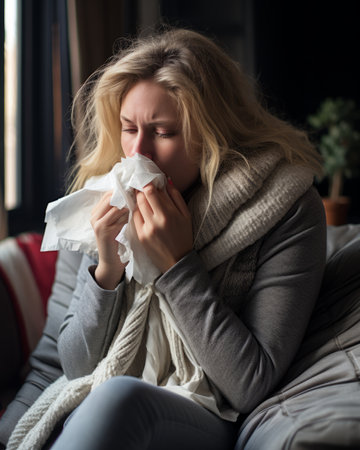 a woman is blowing her nose while sitting on a couchの素材