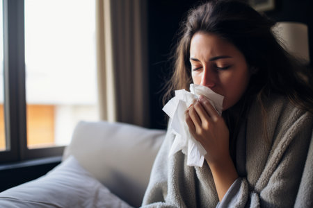 a woman is blowing her nose while sitting on a couchの素材