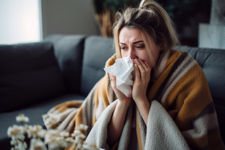 a woman is blowing her nose while sitting on a couchの素材