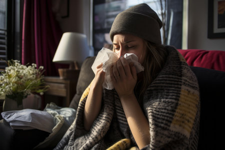 a woman is blowing her nose while sitting on a couchの素材