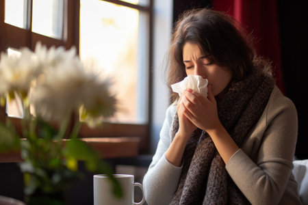 a woman is blowing her nose while sitting at a tableの素材