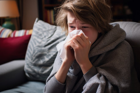 a woman is blowing her nose while sitting on a couchの素材