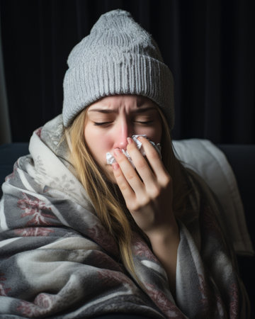 a woman is blowing her nose while sitting on a couchの素材