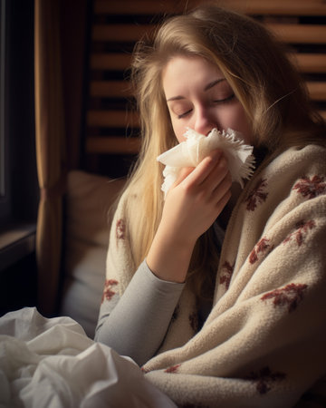 a woman is blowing her nose while sitting in bedの素材