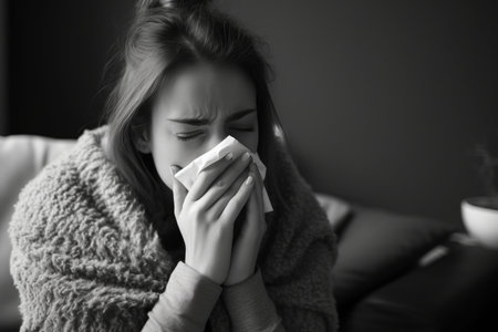 a woman is blowing her nose while sitting on a couchの素材