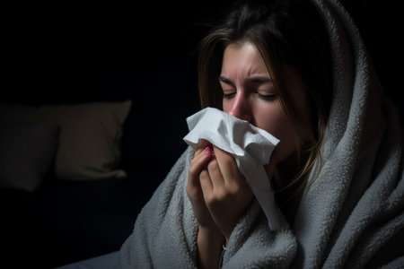 a woman is blowing her nose while wrapped in a blanketの素材