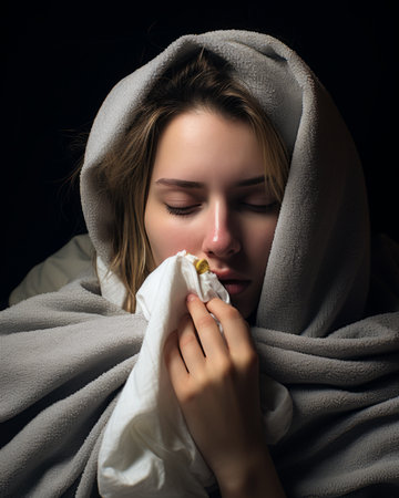 a woman is covered in a blanket and holding a tissueの素材