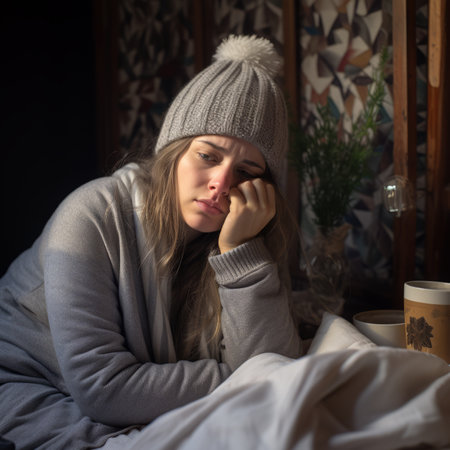 a woman is sitting in bed with a cup of coffeeの素材