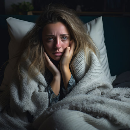 a woman is sitting in bed covered in a blanketの素材