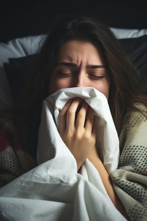 a woman is covered in a blanket and sneezingの素材