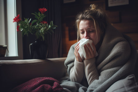 a woman is sitting on a couch and blowing her noseの素材