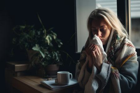 a woman is sitting in front of a window and blowing her noseの素材