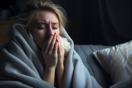 a woman is covered in a blanket while sitting on a couchの素材