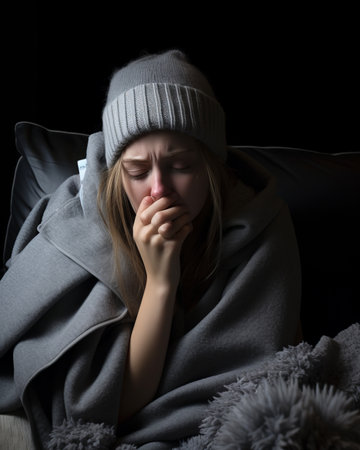 a woman is covered in a blanket while sitting on a couchの素材