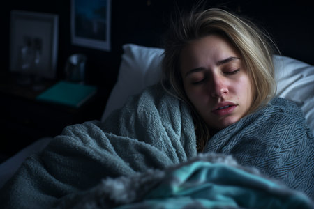 a woman is sleeping in bed with her eyes closedの素材