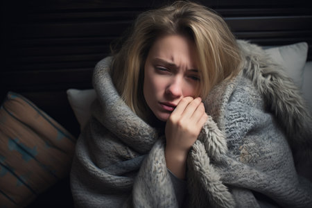 a woman is wrapped in a blanket and sitting on a bedの素材