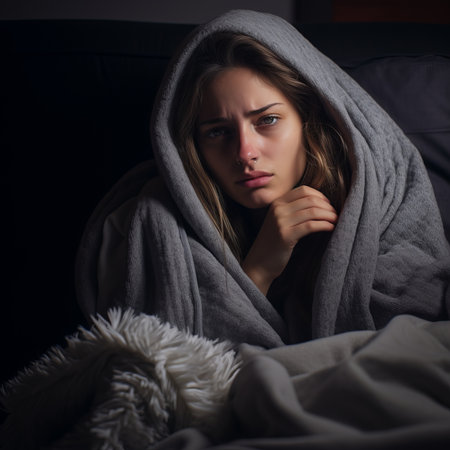 a woman is wrapped in a blanket and sitting on a bedの素材