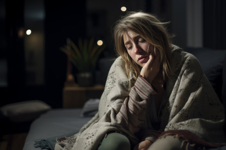 a woman is sitting on a couch in a dark roomの素材