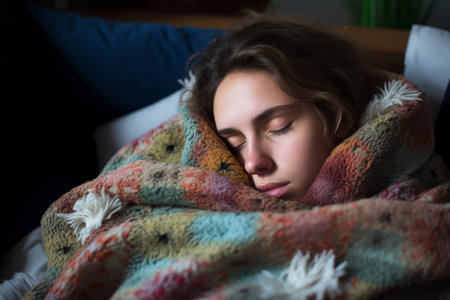 a woman is sleeping in bed wrapped in a blanketの素材