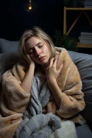 a woman is wrapped in a blanket on a couchの素材