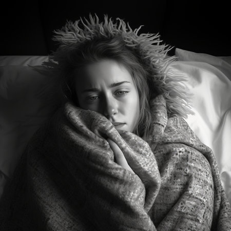 a woman is wrapped up in a blanket on a bedの素材