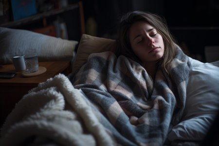 a woman is wrapped up in a blanket in bedの素材