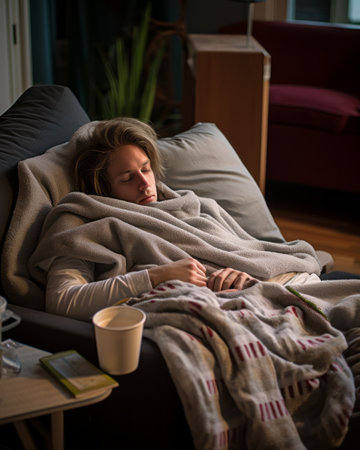 a woman is wrapped in a blanket on a couchの素材