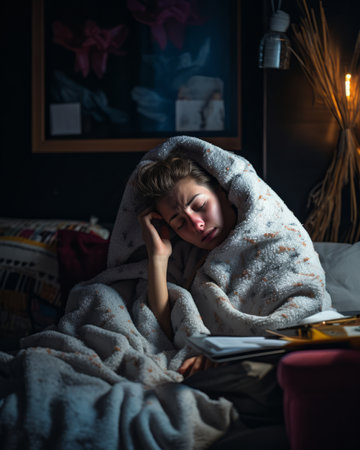 a woman is wrapped up in a blanket on a bedの素材