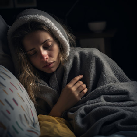 a woman is wrapped up in a blanketの素材