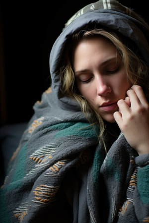 a woman is wrapped up in a blanketの素材