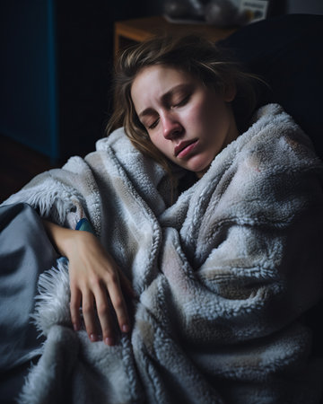 a woman is wrapped up in a blanketの素材