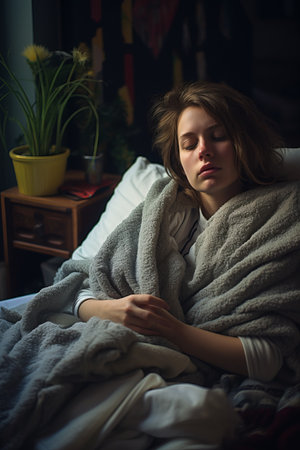 a woman is wrapped up in a blanket on a bedの素材