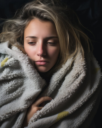 a woman is wrapped up in a blanketの素材