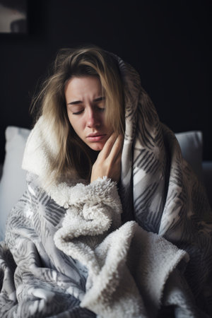 a woman is wrapped in a blanket on a bedの素材