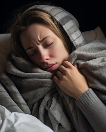 a woman is wrapped up in a blanketの素材