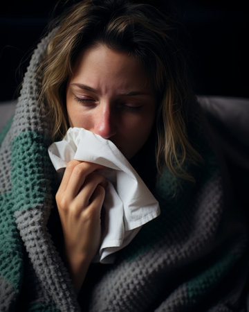 a woman is blowing her nose while wrapped in a blanketの素材