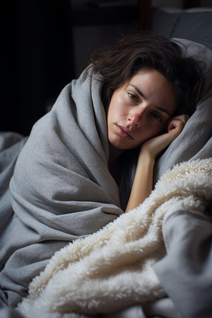 a woman laying in bed wrapped in a blanketの素材