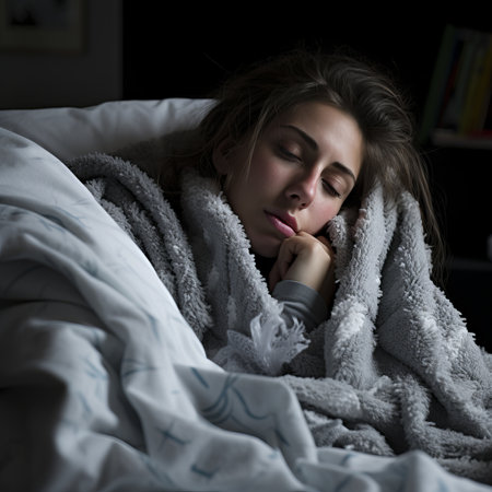 a woman sleeping in bed with a blanket over her headの素材