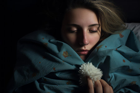 a woman laying in bed with a pom pom in her handの素材