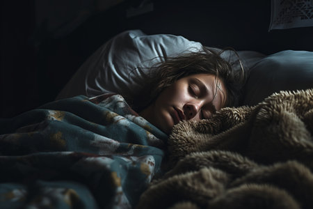 a woman sleeping in bed with a blanketの素材