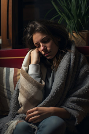 a woman wrapped in a blanket sitting on a couchの素材