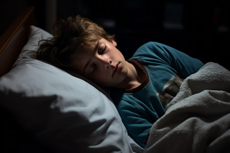 a young boy sleeping in bed at nightの素材