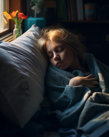 a young girl is sleeping in a bedの素材