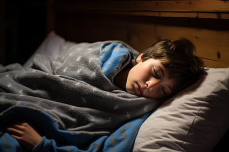 a young boy sleeping in bed with a blanketの素材
