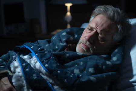an older man is wrapped in a blanket at nightの素材