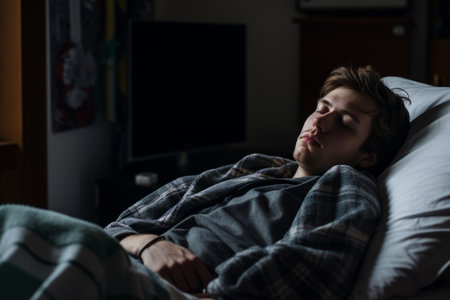 a young man is sleeping in a hospital bedの素材