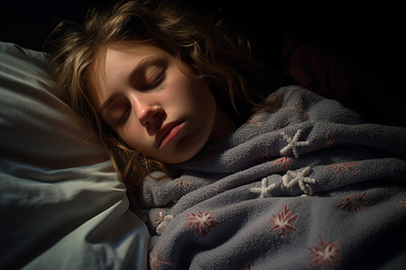 a young girl is sleeping in a bedの素材