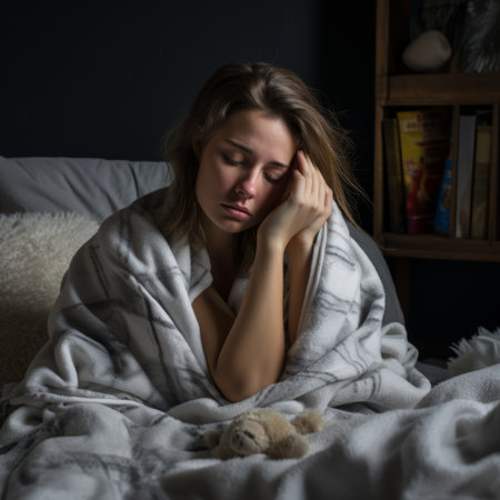a young woman is wrapped in a blanket on a bedの素材